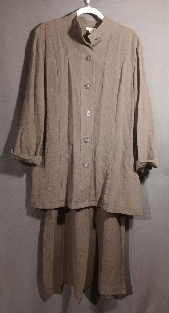J Jill Large Brown Hemp Silk Button Up Jacket Wide Leg Pants Two Piece Set